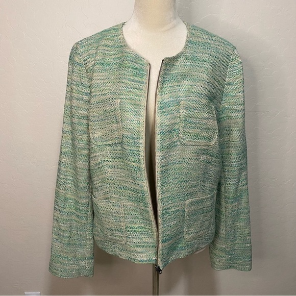 J. Jill Green Tweed Long Sleeve Stretch Linen Blend Zip Up Blazer Jacket Size L - Picture 2 of 10